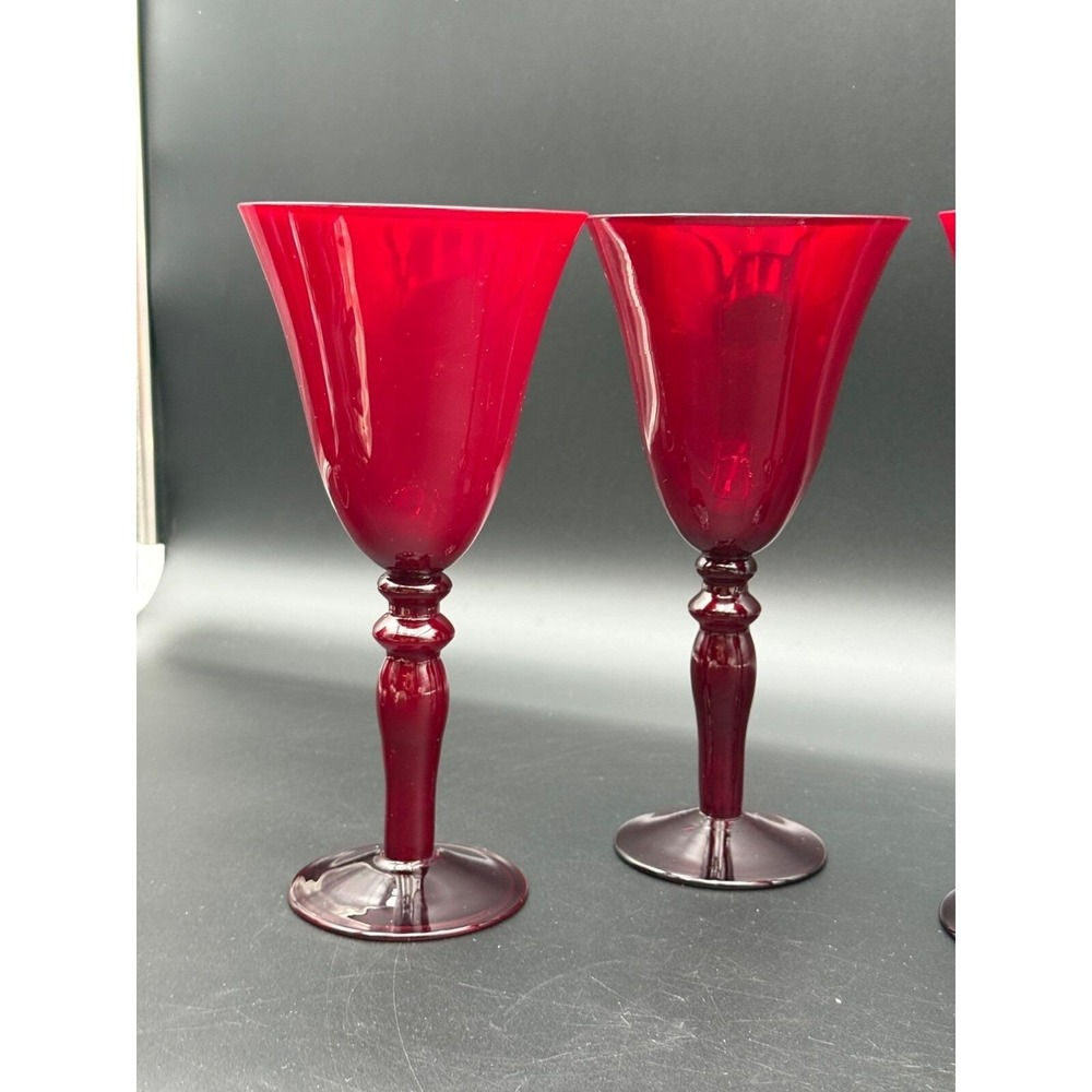 Vintage‎ lot of 3 of Ruby Red Art Glass Stemmed Goblets 8.5" Tall - Picture 2 of 6